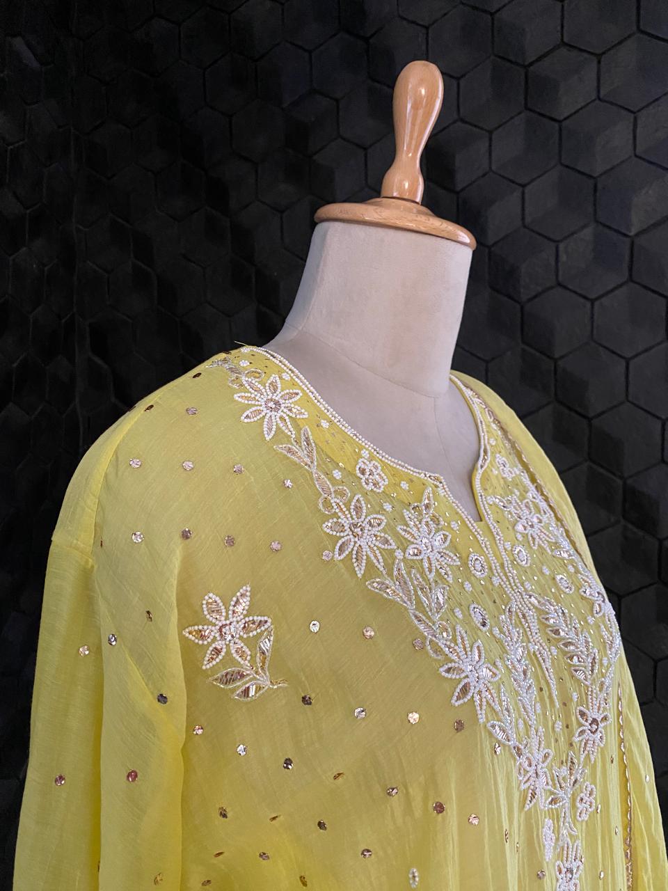 Yellow Mul Chanderi Chikankari Kurta Set