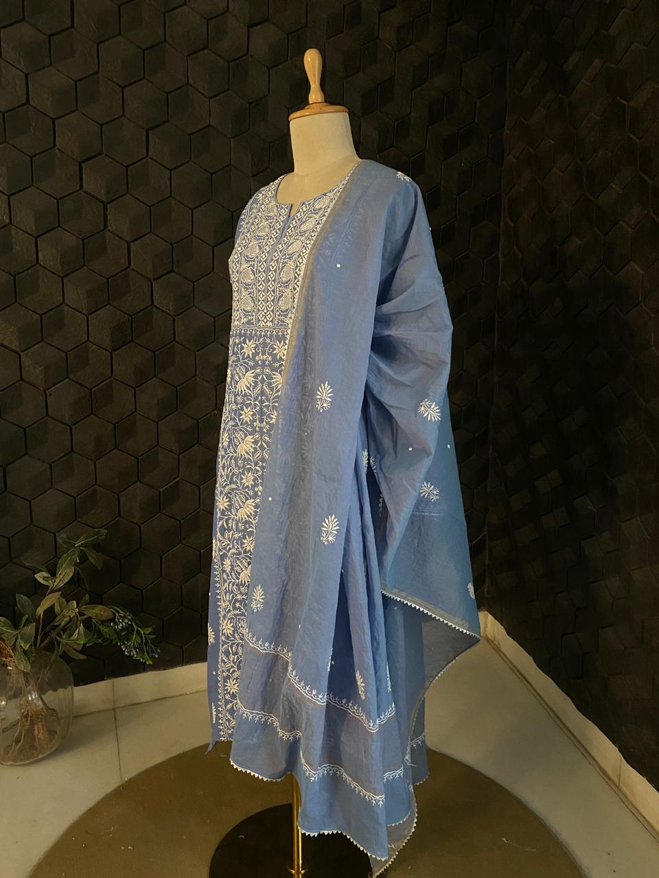 Cobalt Blue Mul Chanderi Chikankari Kurta Set