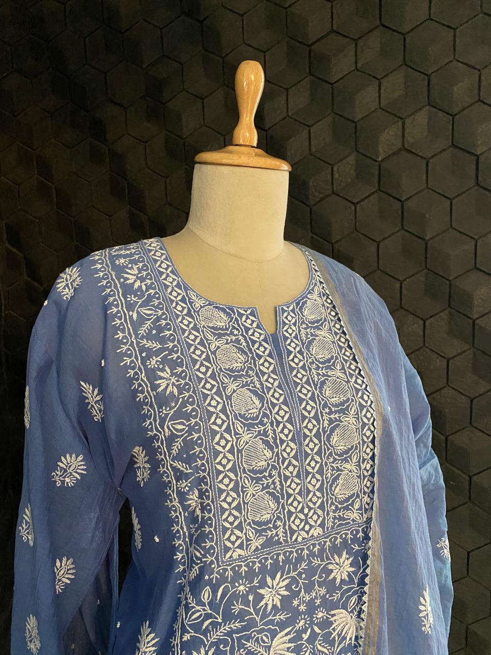 Cobalt Blue Mul Chanderi Chikankari Kurta Set