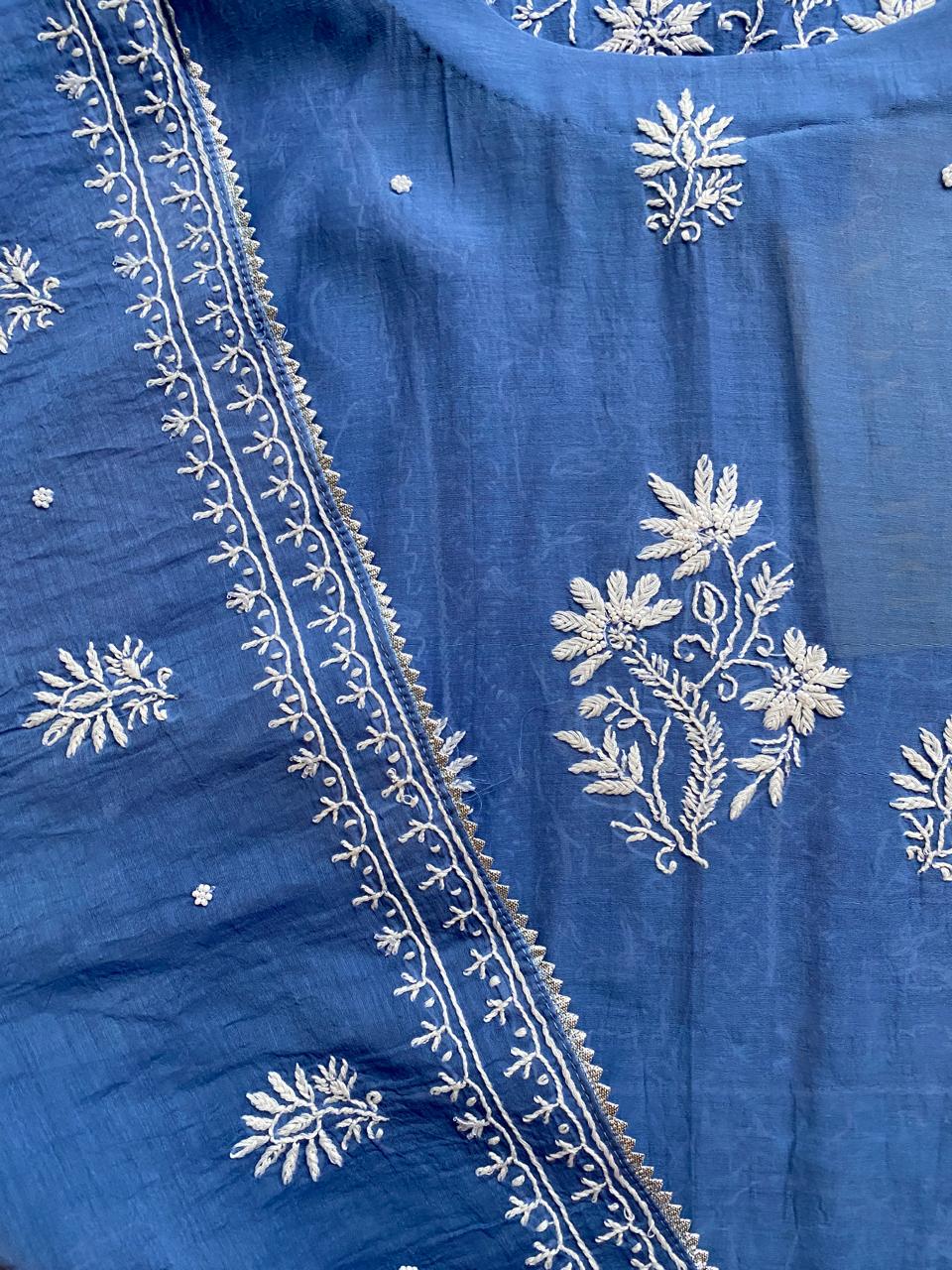 Cobalt Blue Mul Chanderi Chikankari Kurta Set