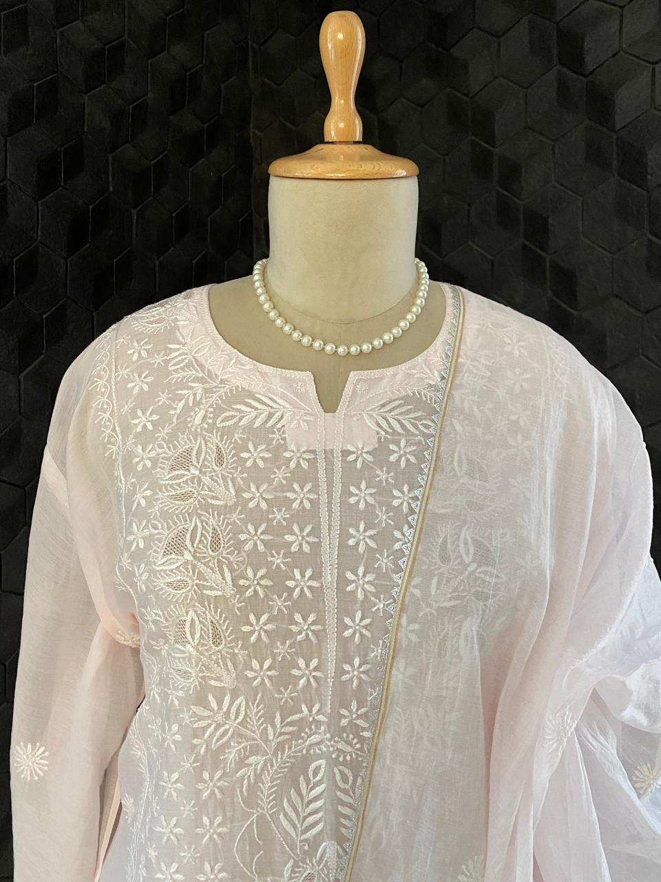 Pink Mul Chanderi Chikankari Kurta Set