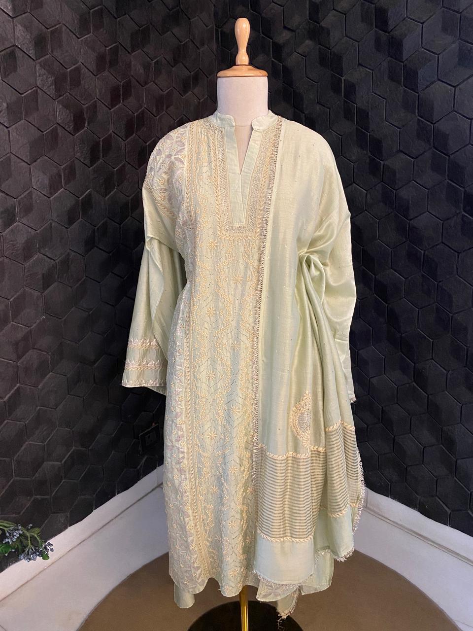 Sage Green Chanderi Chikankari Kurta Set