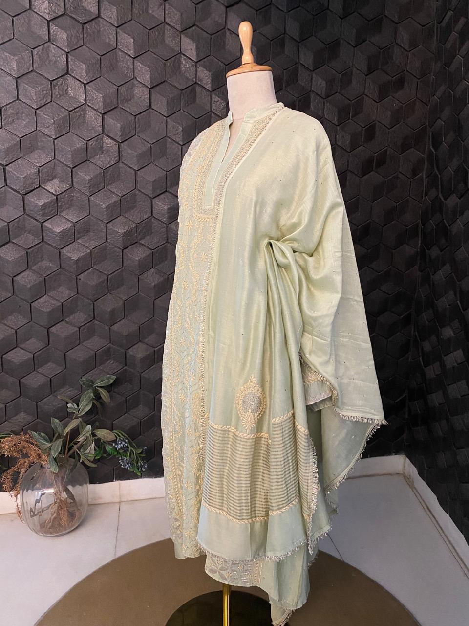 Sage Green Chanderi Chikankari Kurta Set