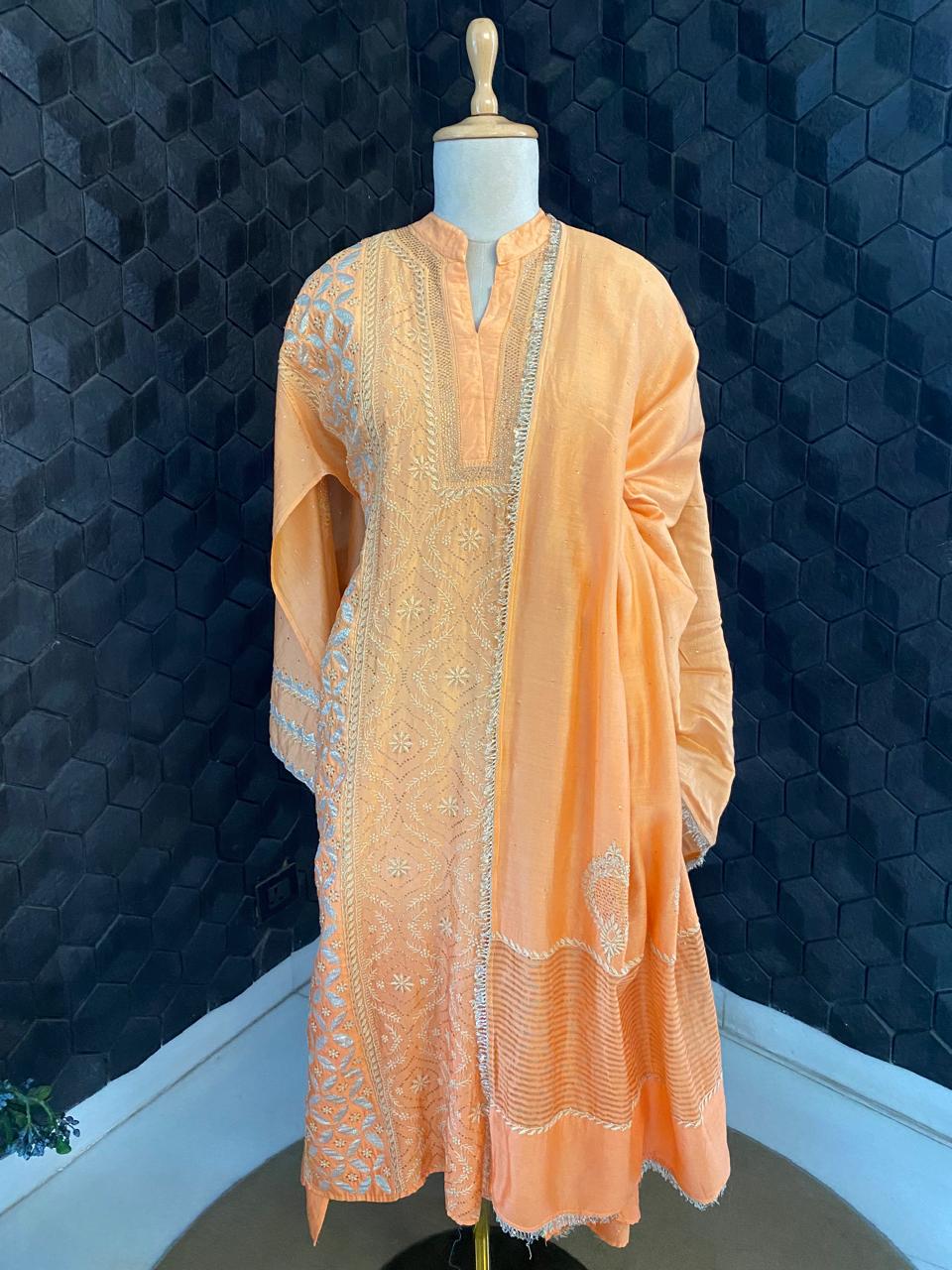 Orange Chanderi Chikankari Kurta Set