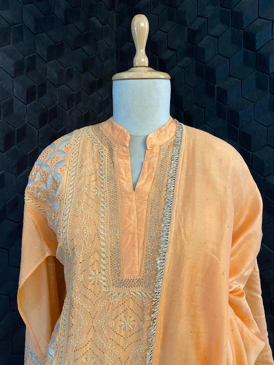 Orange Chanderi Chikankari Kurta Set