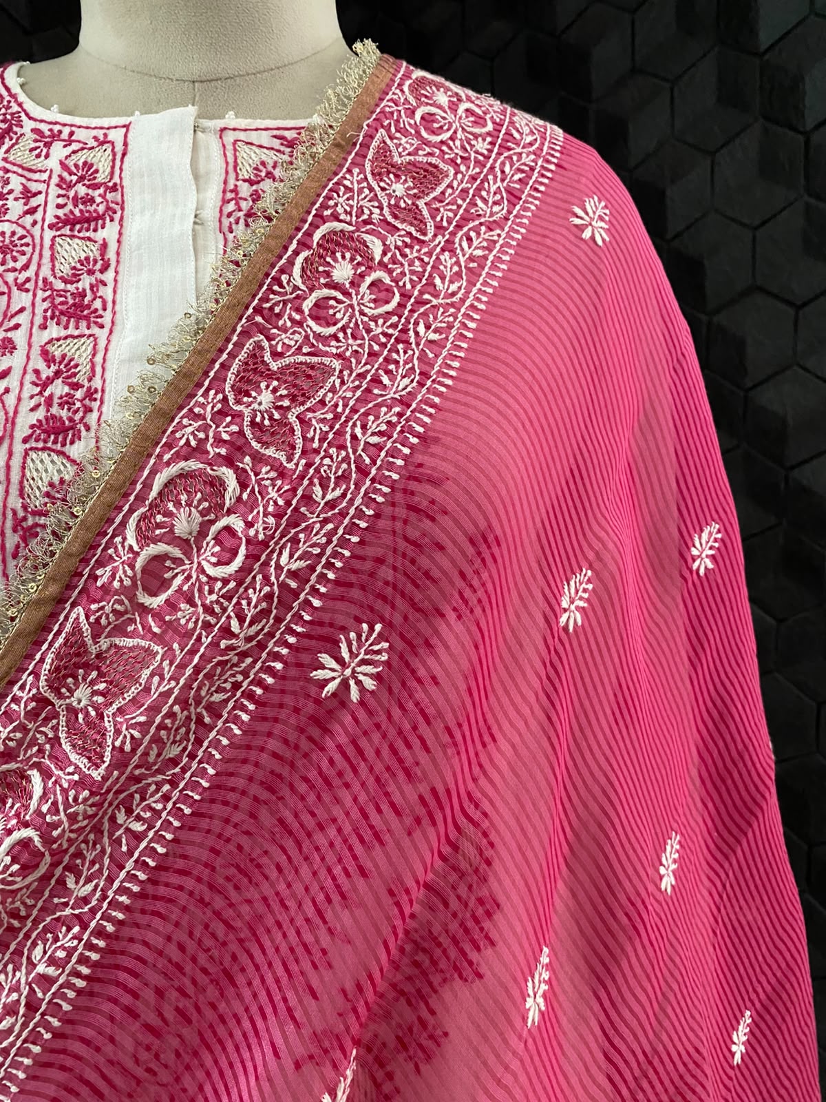 White Maheshwari Chikankari Anarkali set in Striped Chanderi