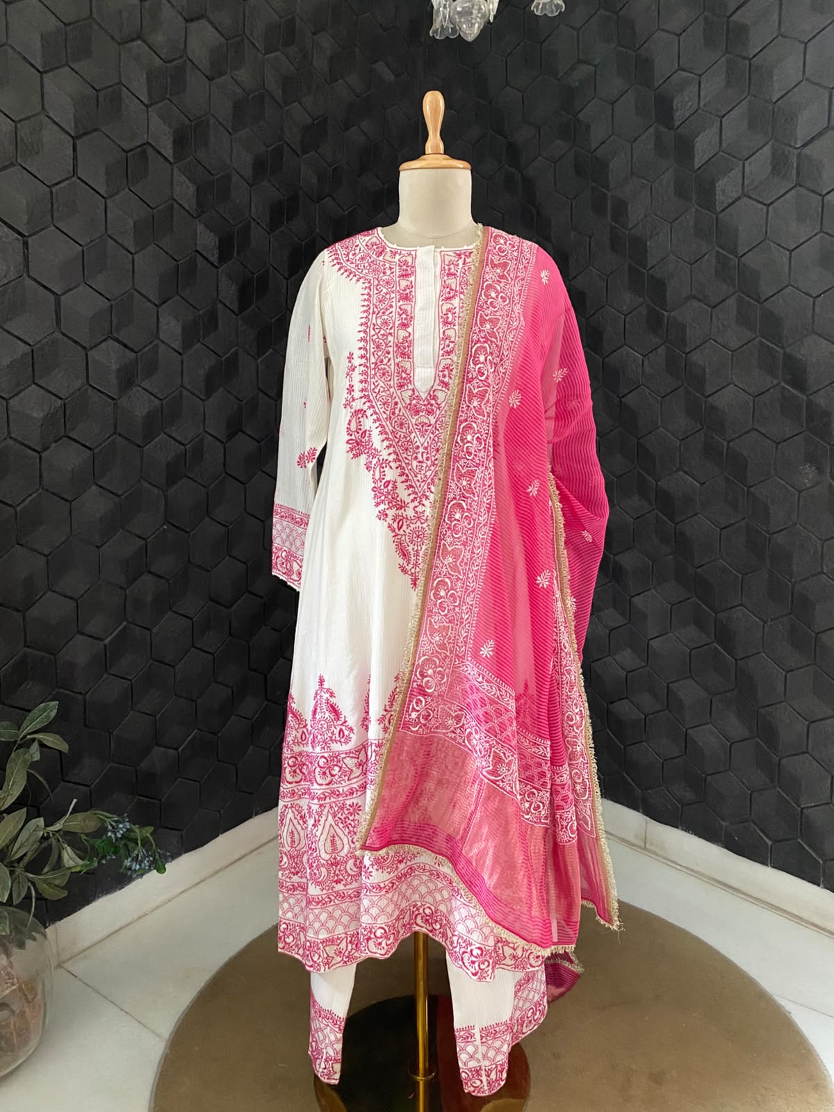 White Maheshwari Chikankari Anarkali set in Striped Chanderi