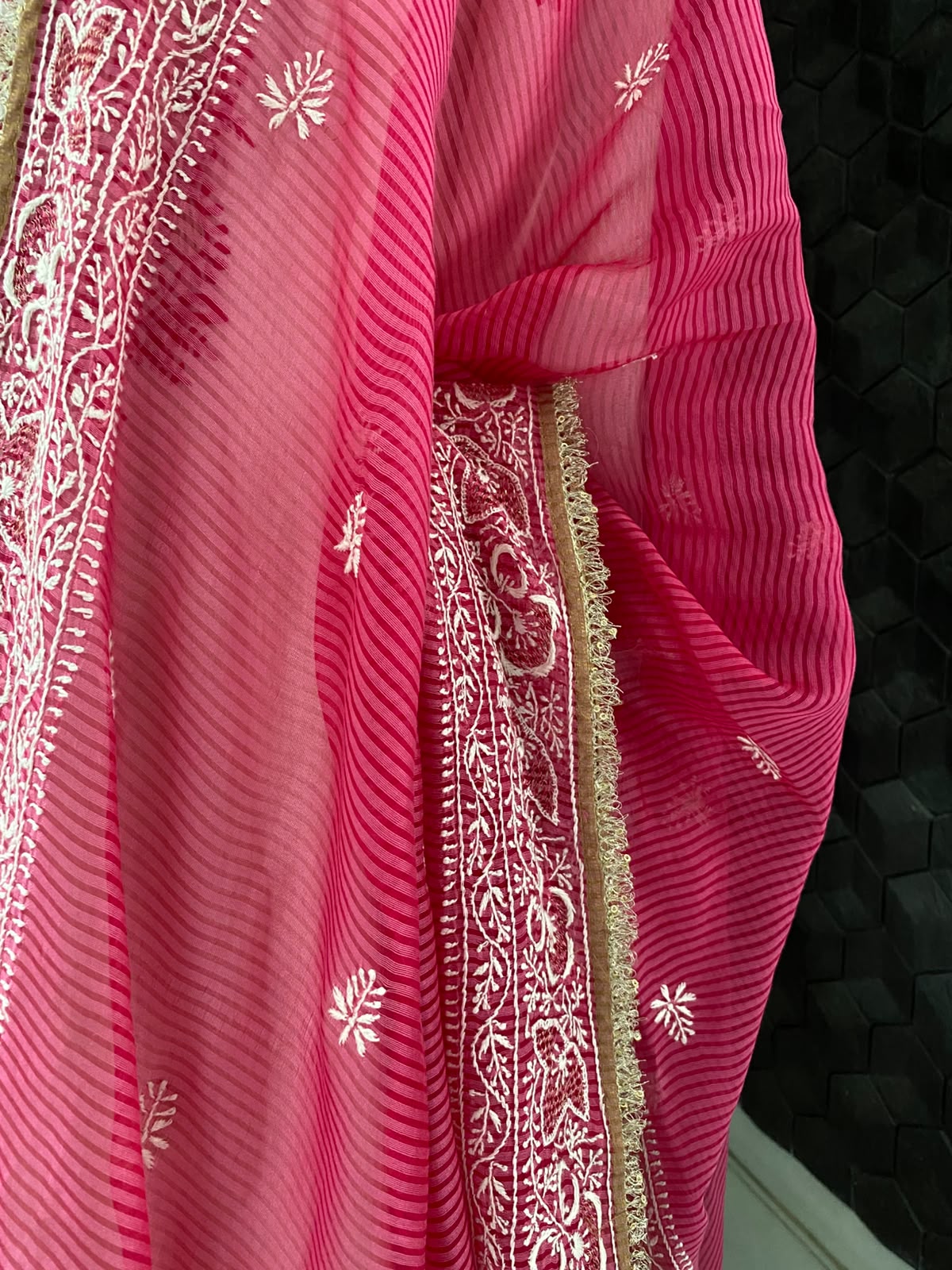 White Maheshwari Chikankari Anarkali set in Striped Chanderi