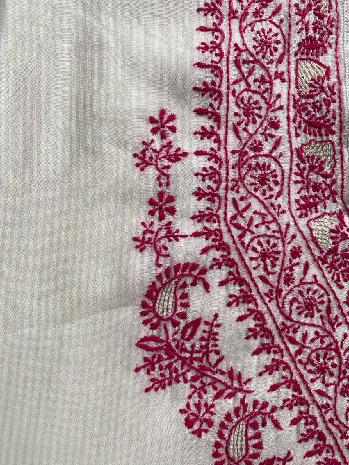 White Maheshwari Chikankari Anarkali set in Striped Chanderi