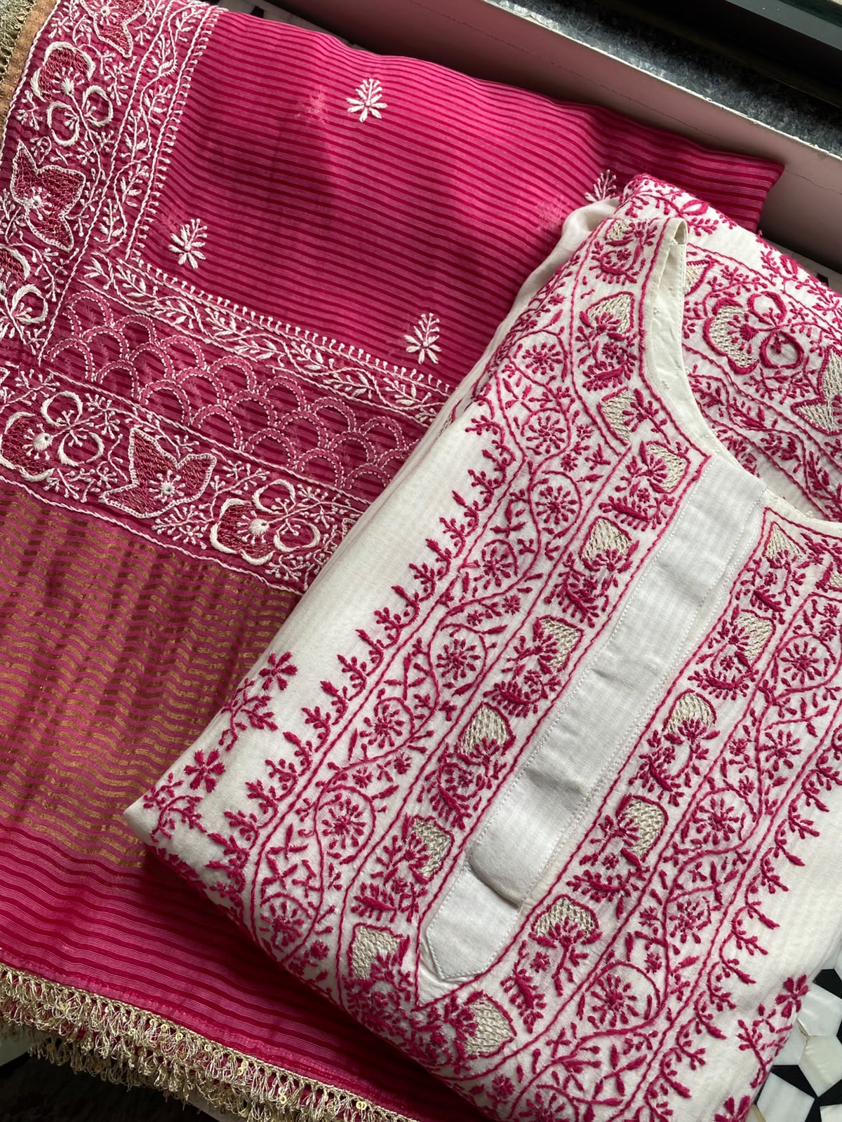 White Maheshwari Chikankari Anarkali set in Striped Chanderi