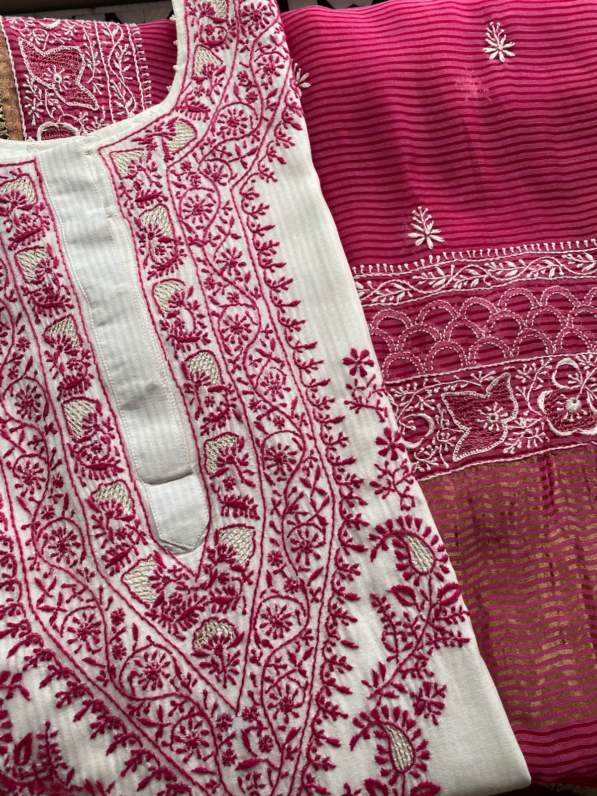 White Maheshwari Chikankari Anarkali set in Striped Chanderi
