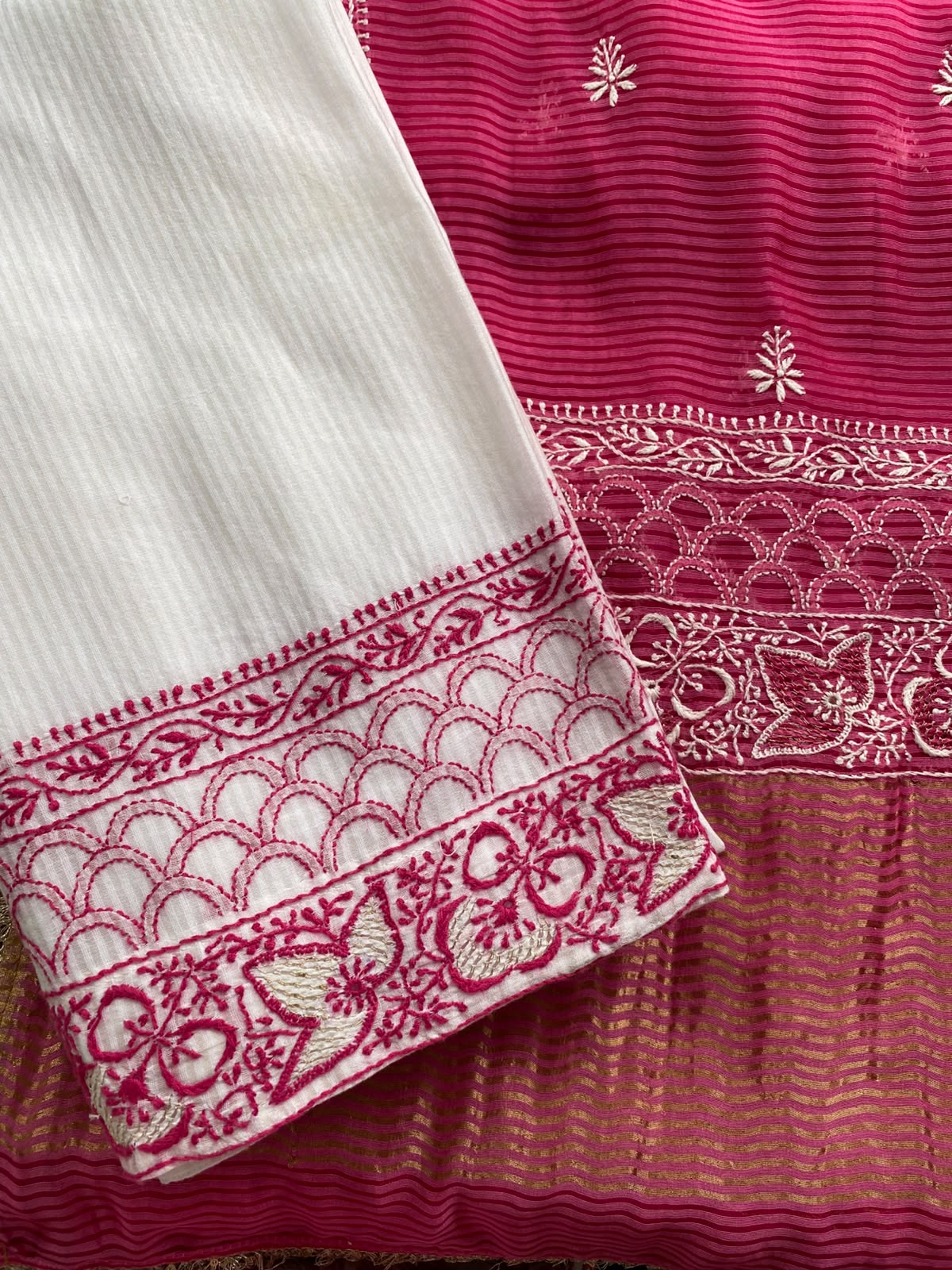 White Maheshwari Chikankari Anarkali set in Striped Chanderi