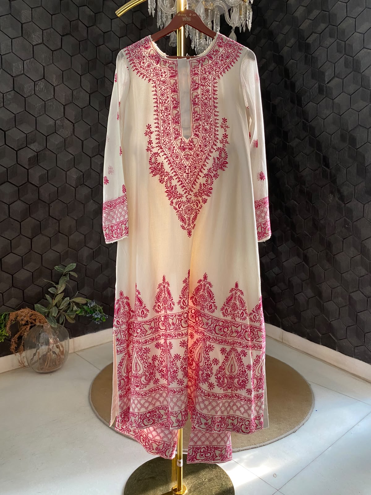White Maheshwari Chikankari Anarkali set in Striped Chanderi