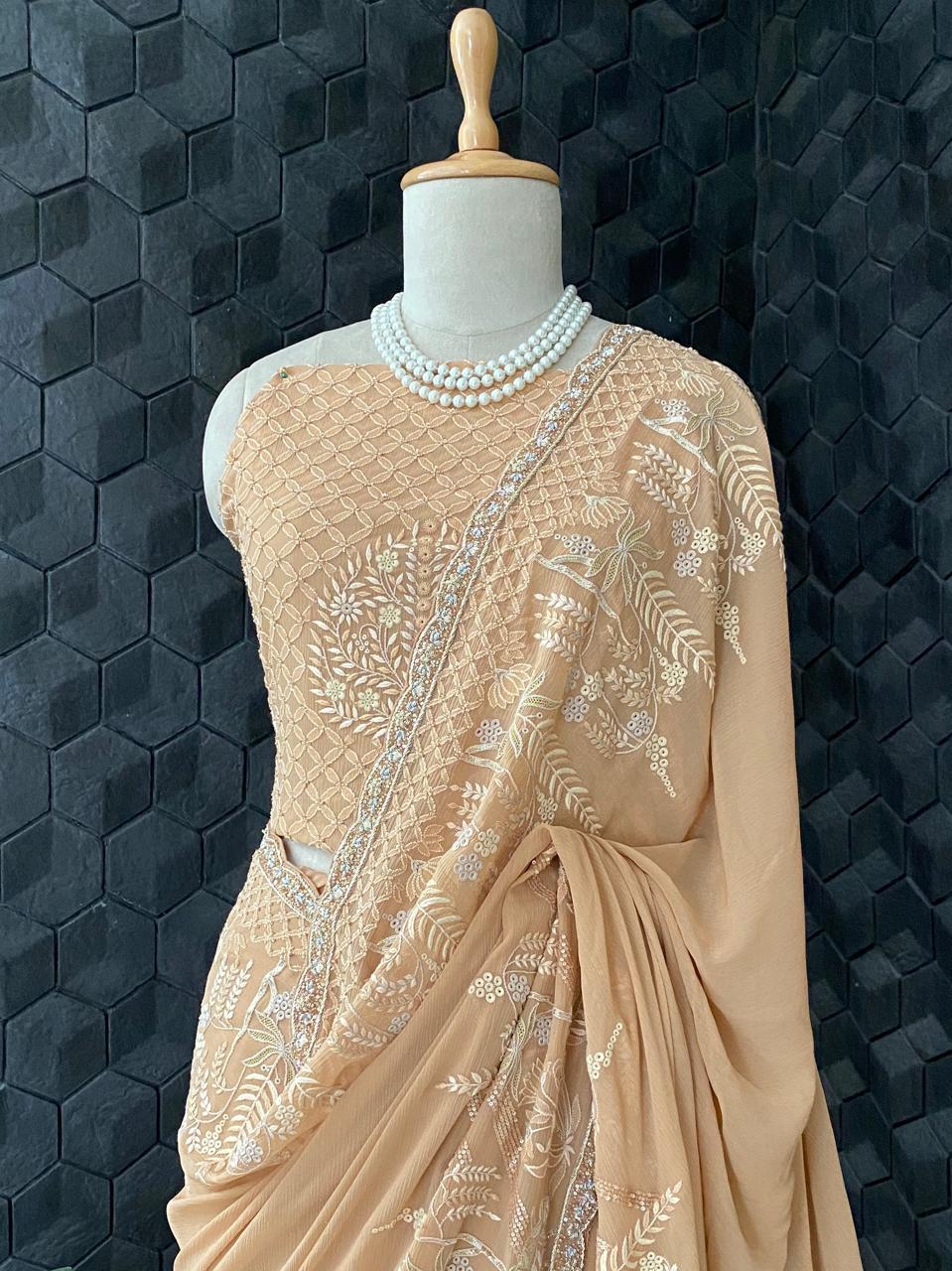 Bronze Chiffon Chikankari Saree