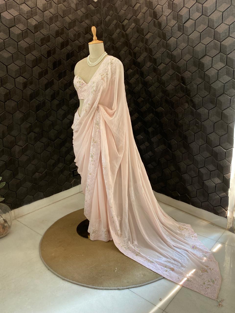Powder Pink Chiffon Chikankari Saree