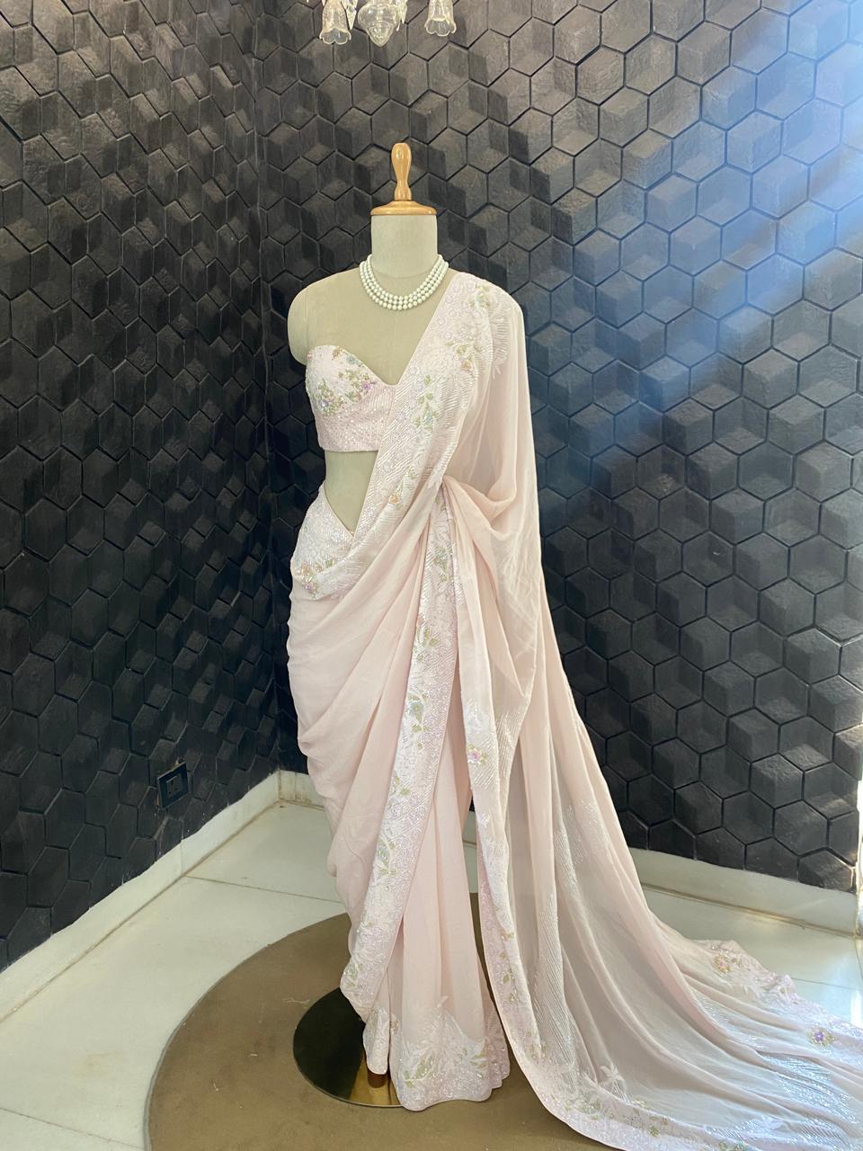 Powder Pink Chiffon Chikankari Saree