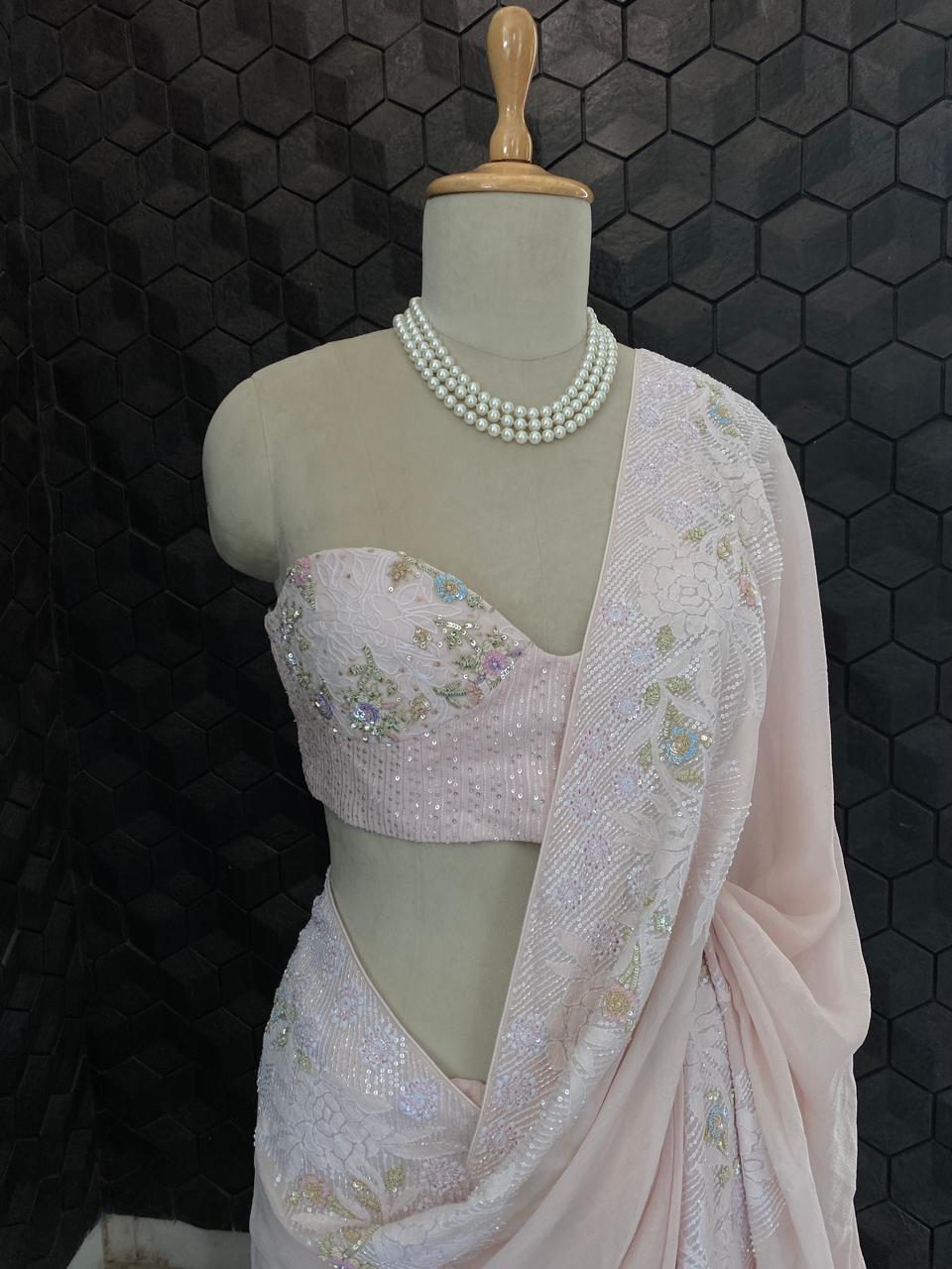Powder Pink Chiffon Chikankari Saree