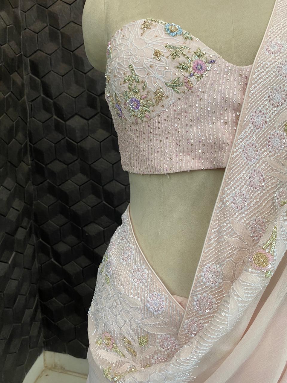 Powder Pink Chiffon Chikankari Saree