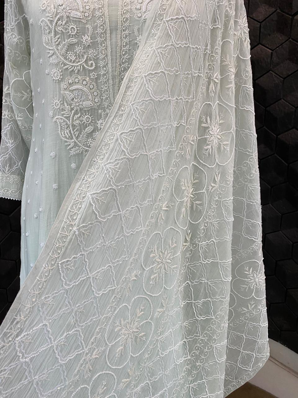 Sea Green Mul Chanderi Chikankari Kurta Set