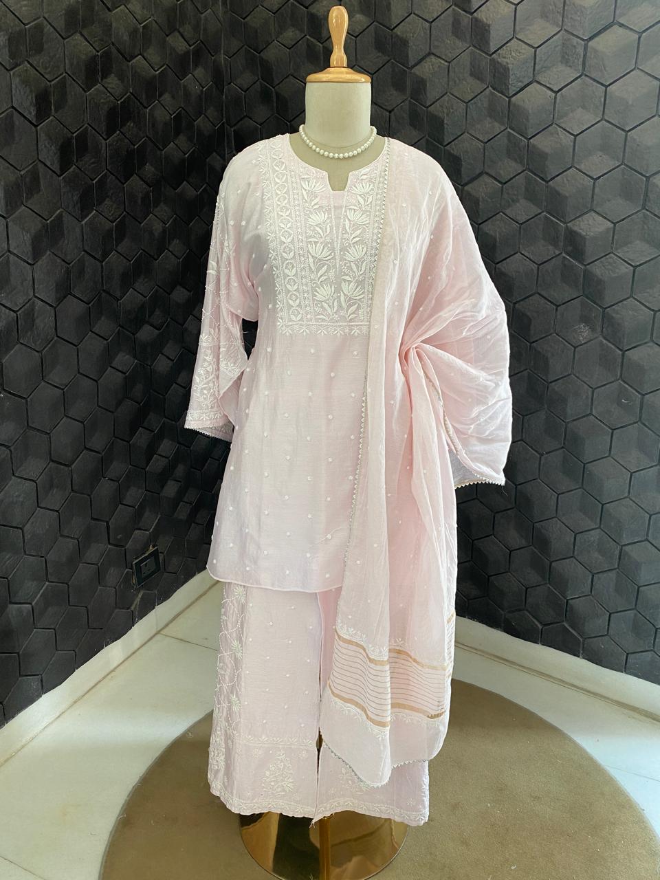 Blush Pink Chanderi Chikankari Co-ord with Dupatta