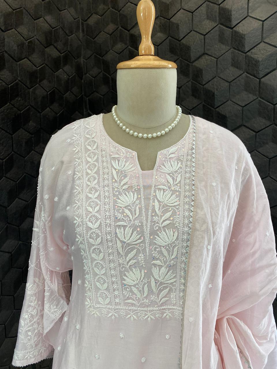 Blush Pink Chanderi Chikankari Co-ord with Dupatta