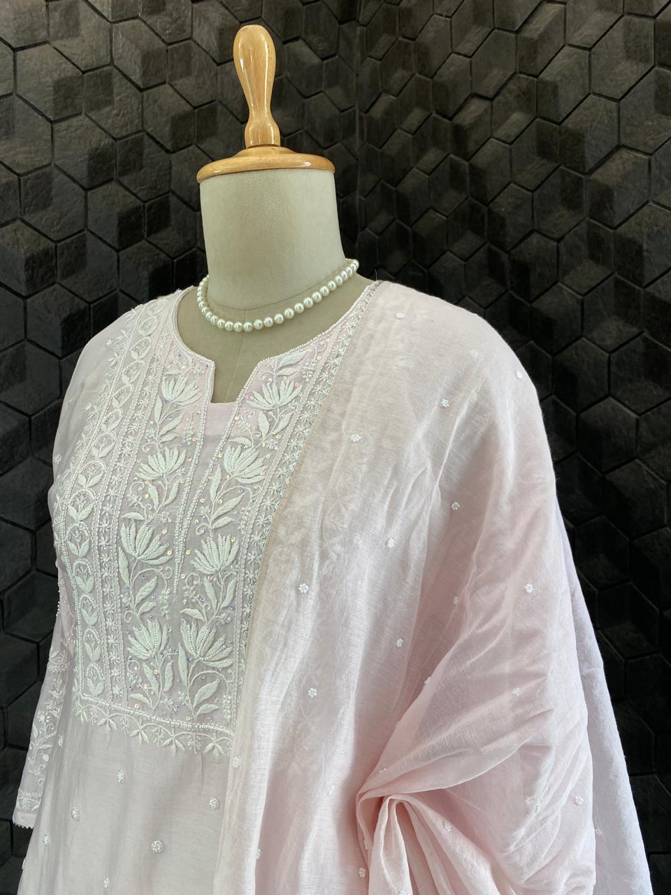 Blush Pink Chanderi Chikankari Co-ord with Dupatta