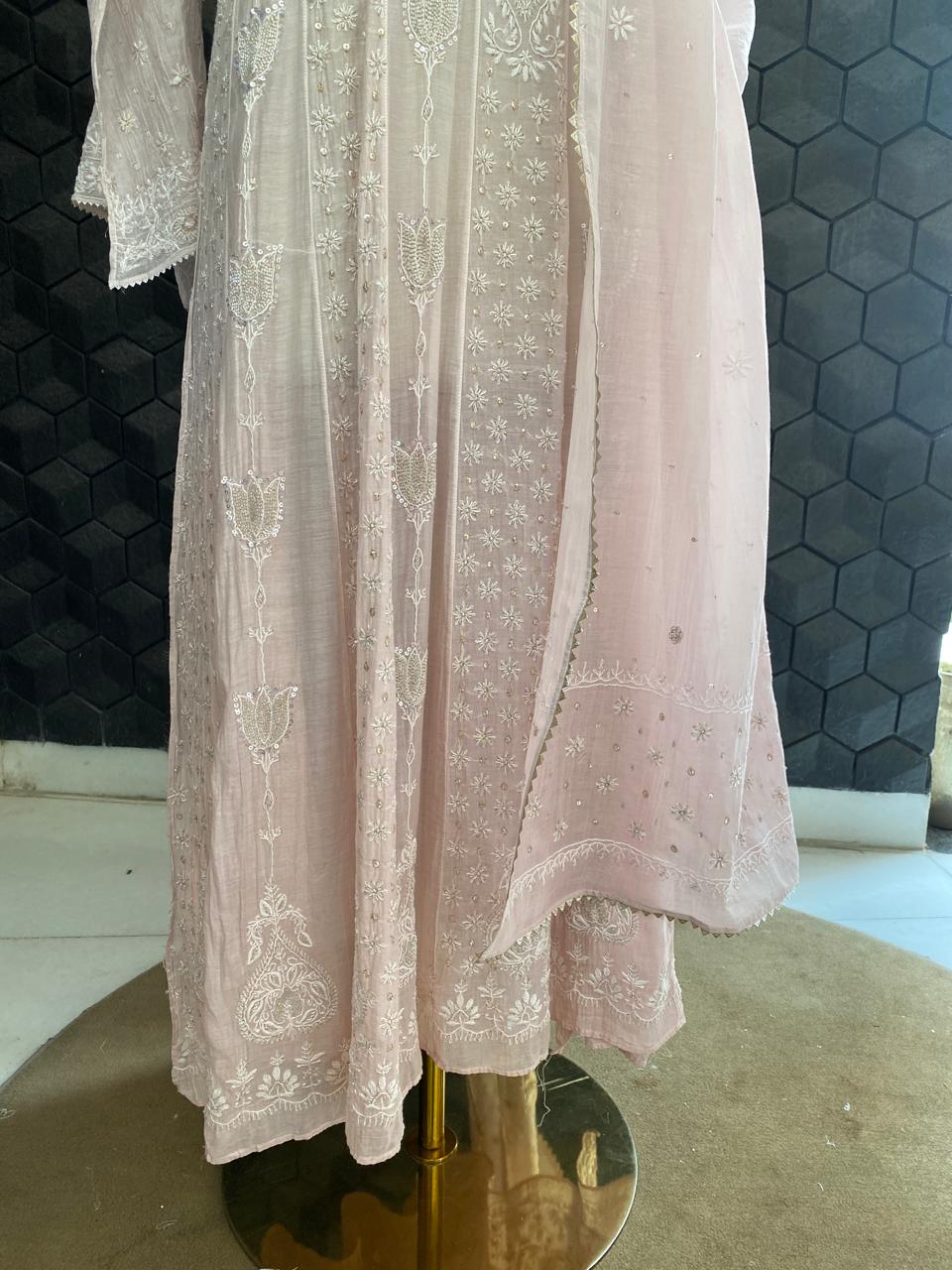 Blush Pink Anarkali Suit in Mul Chanderi