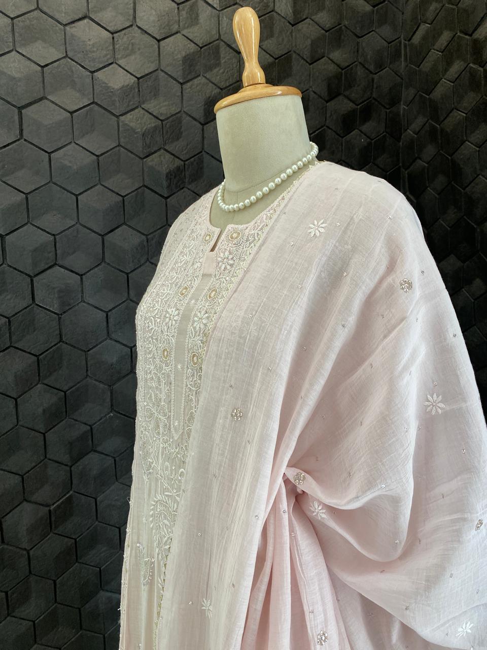Blush Pink Anarkali Suit in Mul Chanderi