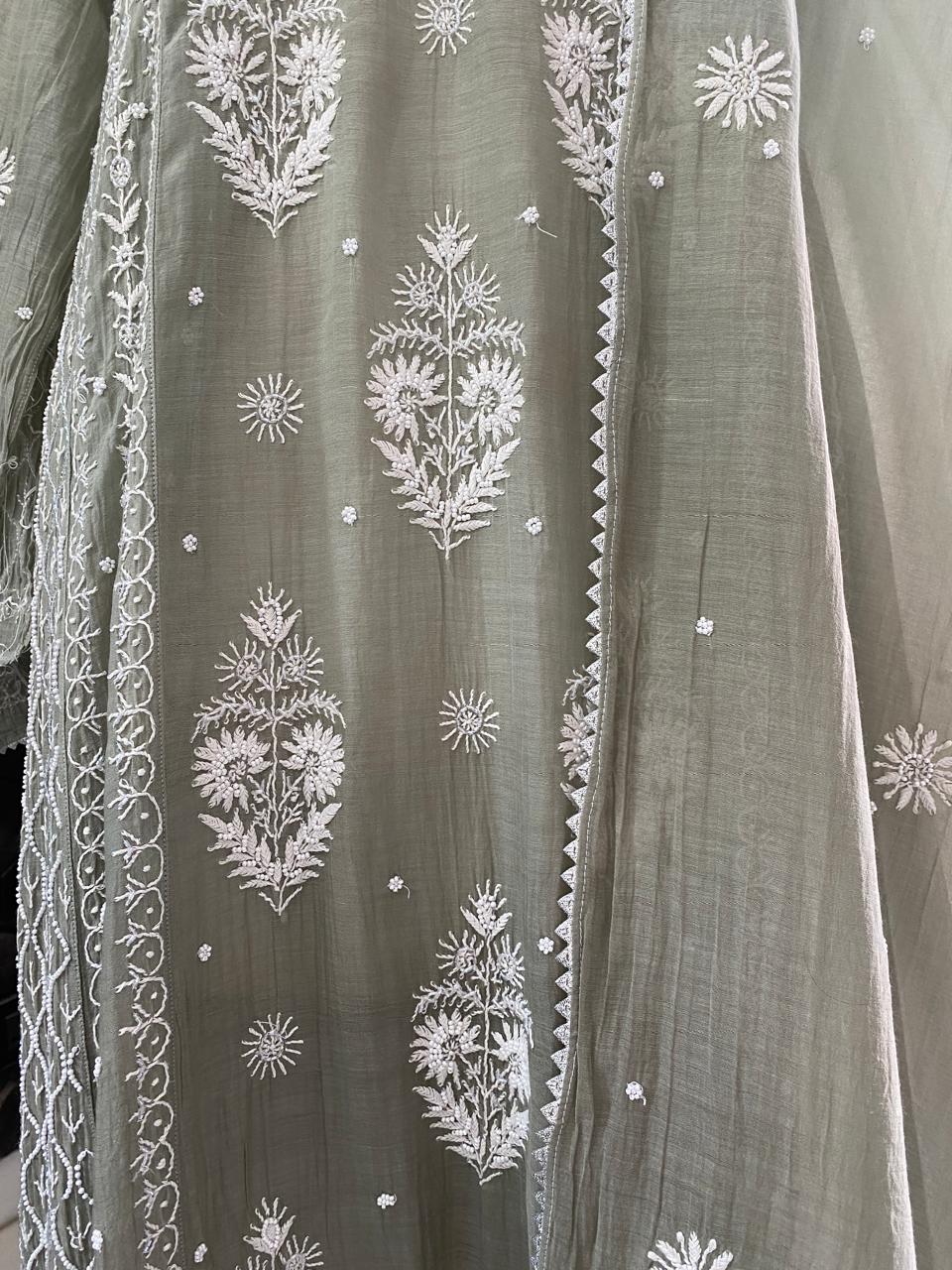 Grey Mul Chanderi Chikankari A-Line Kurta Set