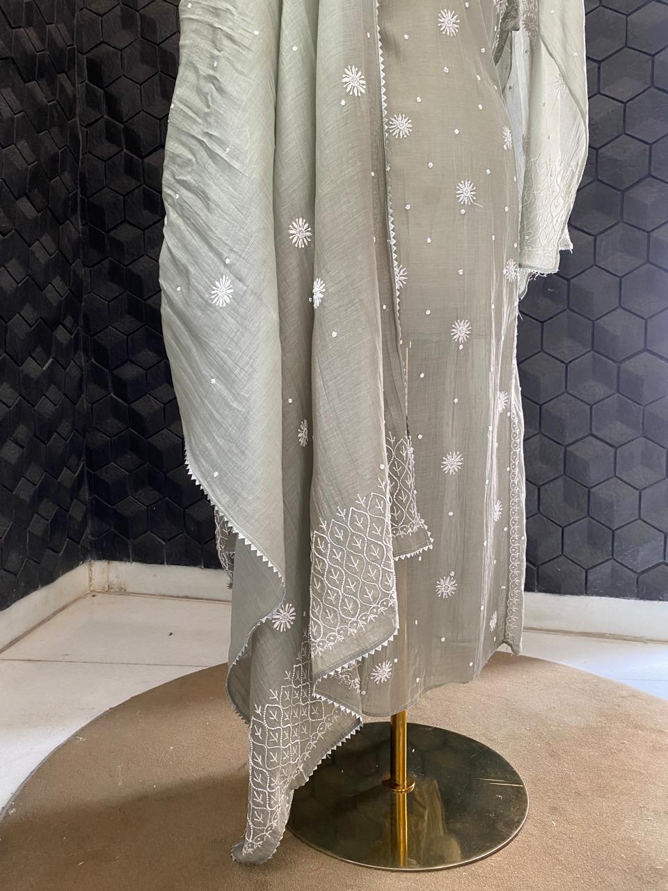 Grey Mul Chanderi Chikankari A-Line Kurta Set