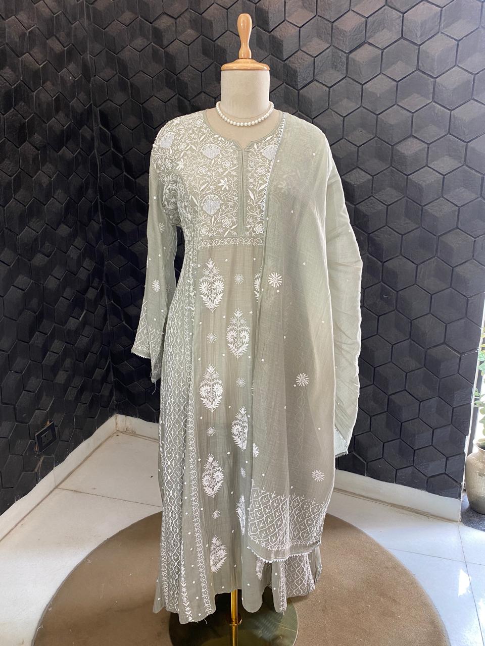 Grey Mul Chanderi Chikankari A-Line Kurta Set