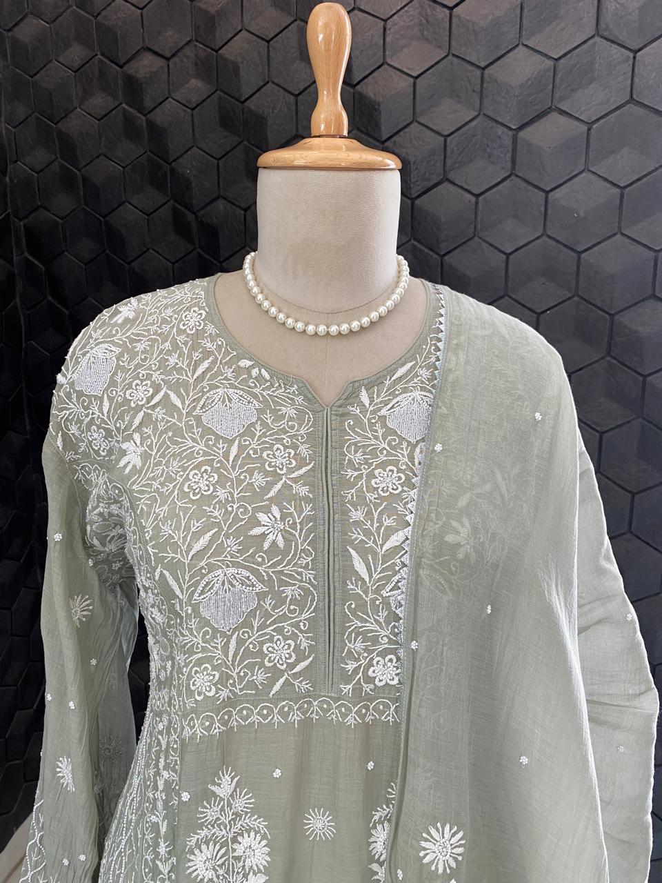 Grey Mul Chanderi Chikankari A-Line Kurta Set