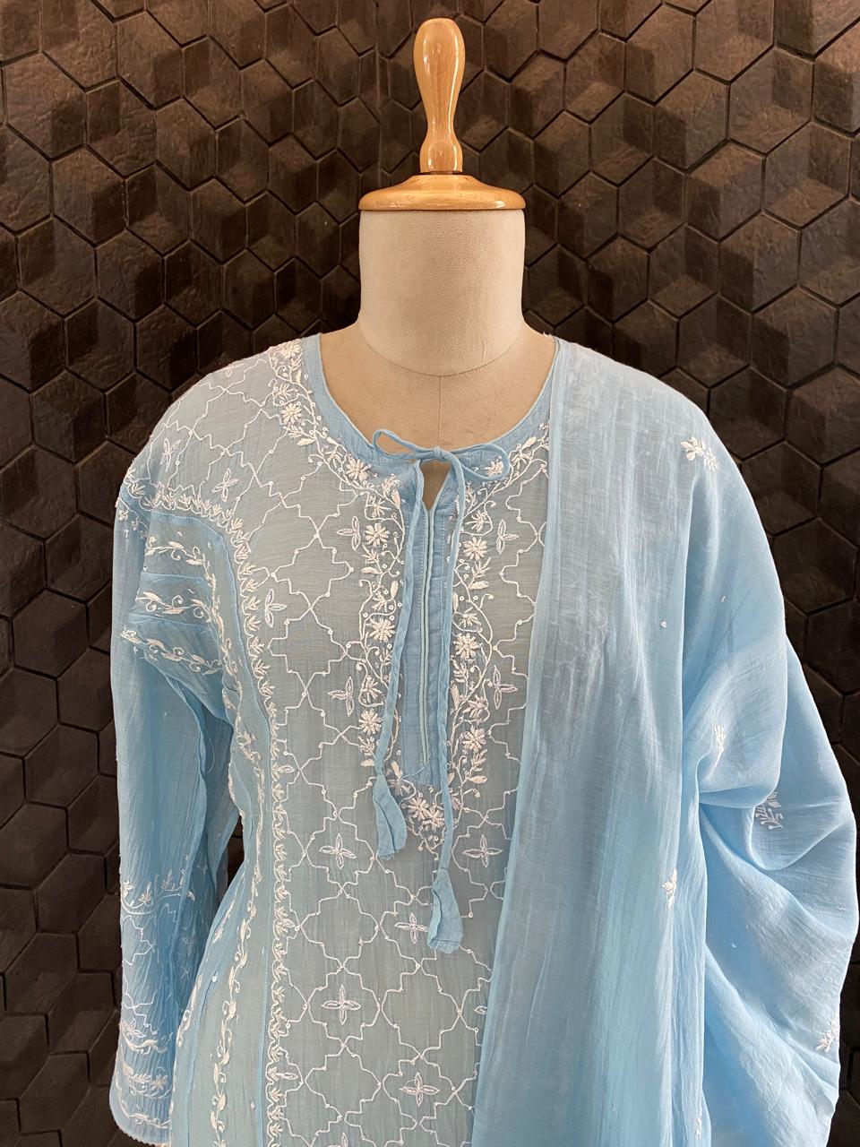 Sky Blue Mul Chanderi Chikankari A-Line Kurta Set