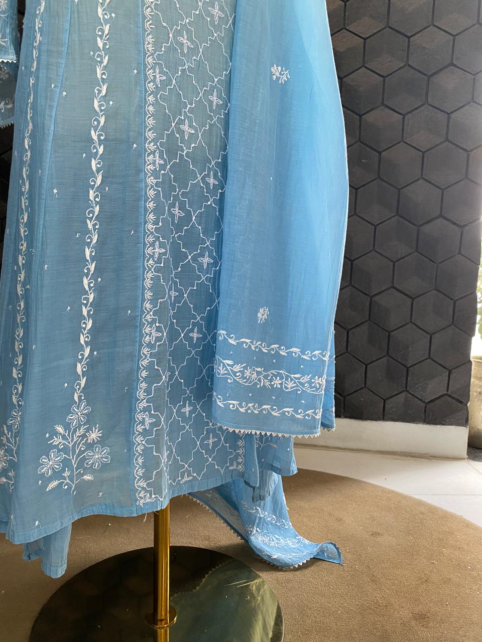 Sky Blue Mul Chanderi Chikankari A-Line Kurta Set