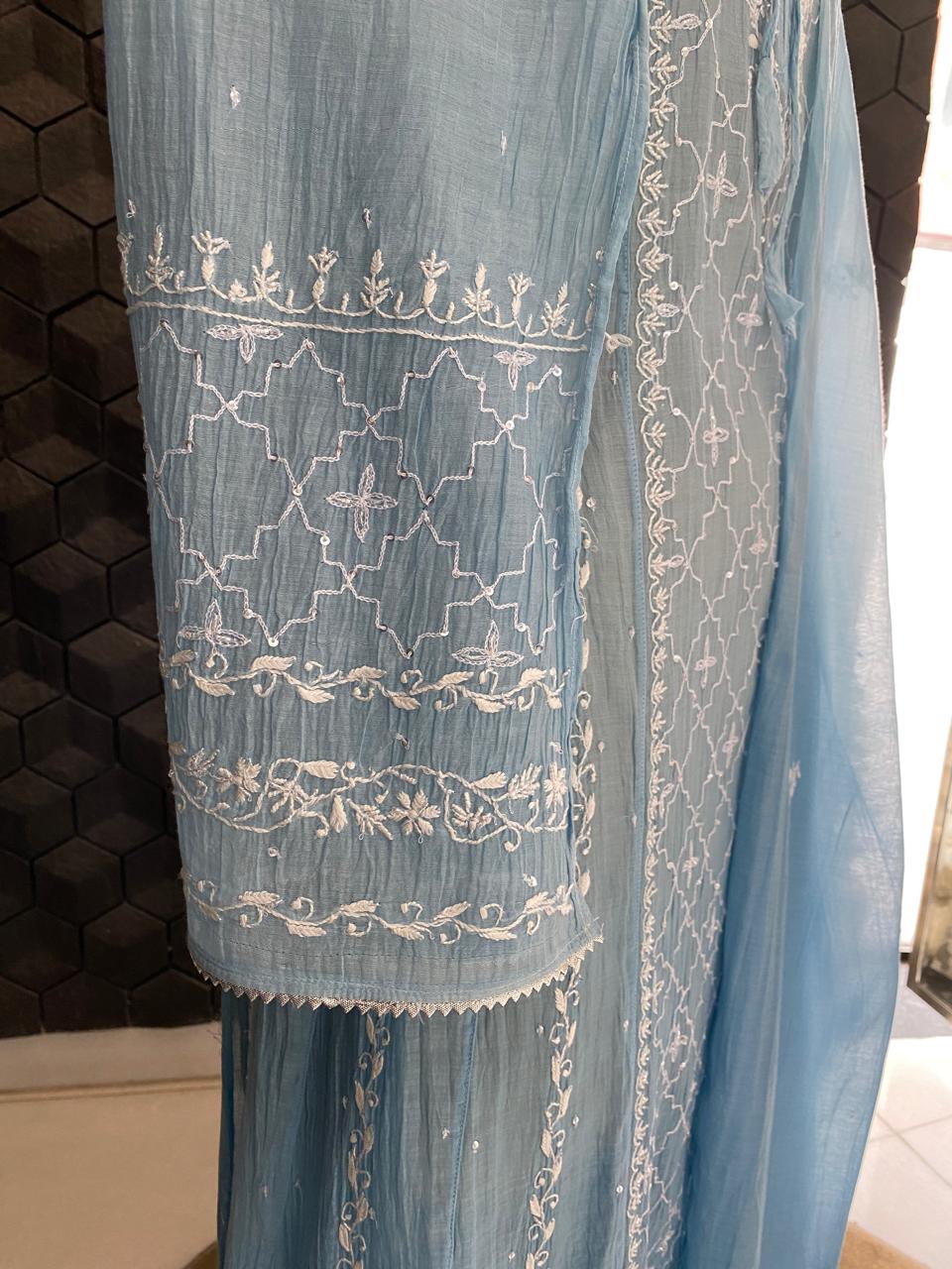 Sky Blue Mul Chanderi Chikankari A-Line Kurta Set