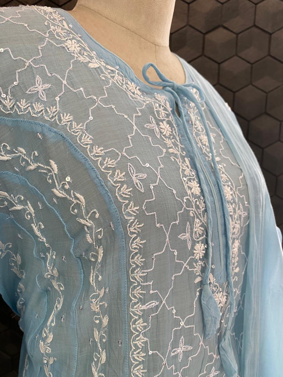 Sky Blue Mul Chanderi Chikankari A-Line Kurta Set