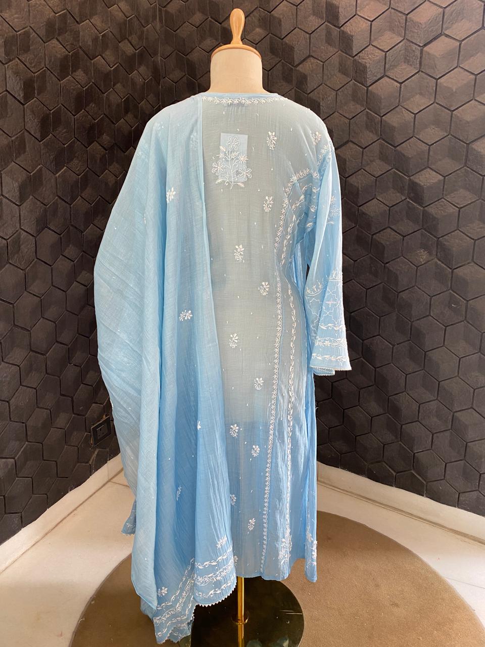 Sky Blue Mul Chanderi Chikankari A-Line Kurta Set