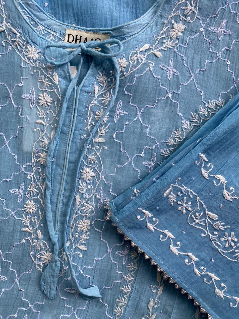 Sky Blue Mul Chanderi Chikankari A-Line Kurta Set