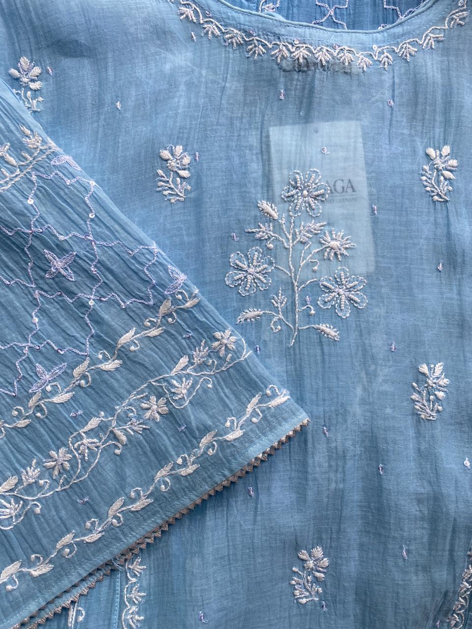 Sky Blue Mul Chanderi Chikankari A-Line Kurta Set