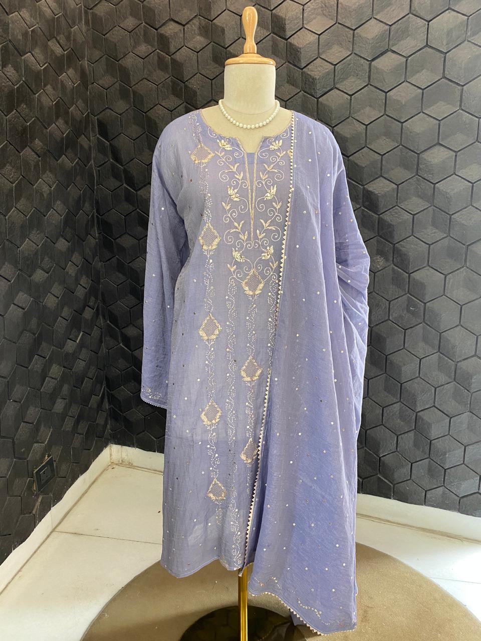 Ash Blue Golden tissue Mukaish and Kamdani Kurta Set