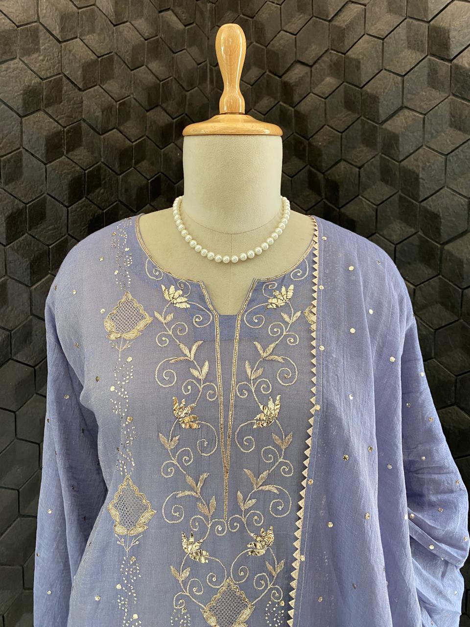 Ash Blue Golden tissue Mukaish and Kamdani Kurta Set