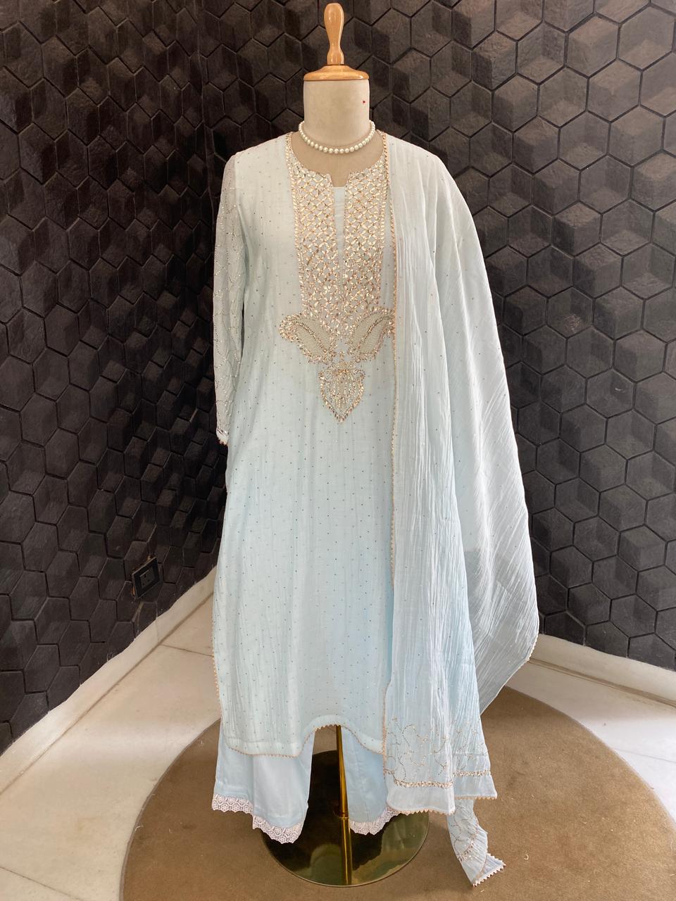 Powder Blue Mul Chanderi Mukaish Kurta Set
