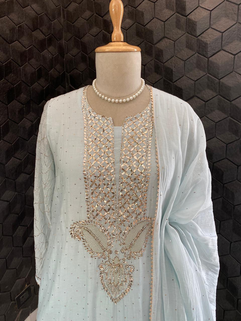 Powder Blue Mul Chanderi Mukaish Kurta Set