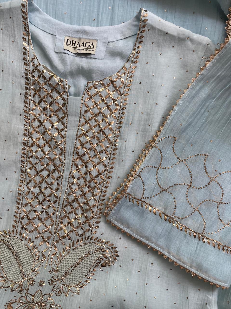 Powder Blue Mul Chanderi Mukaish Kurta Set