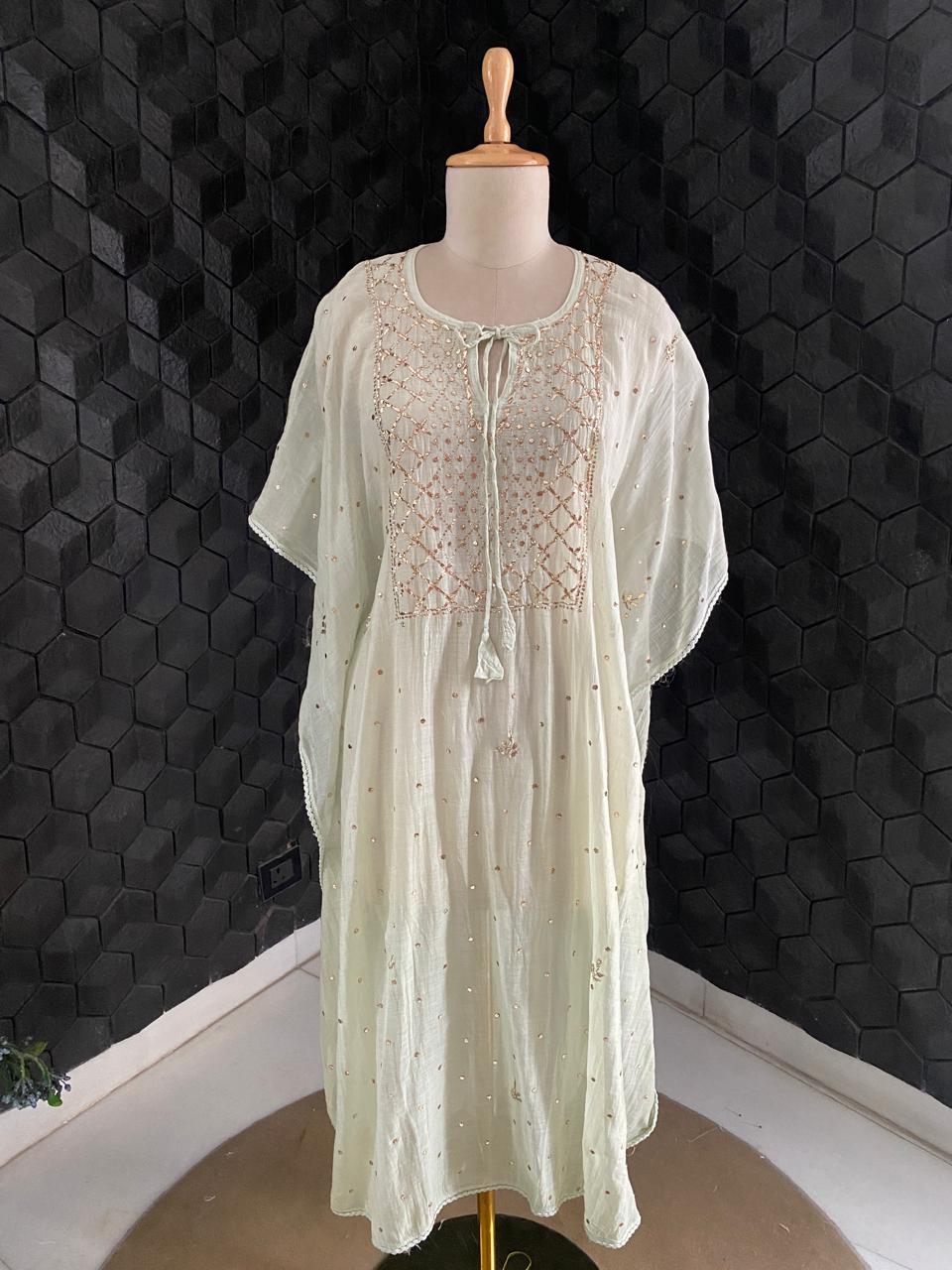 pista Green Mul Chanderi Chikankari Kaftan