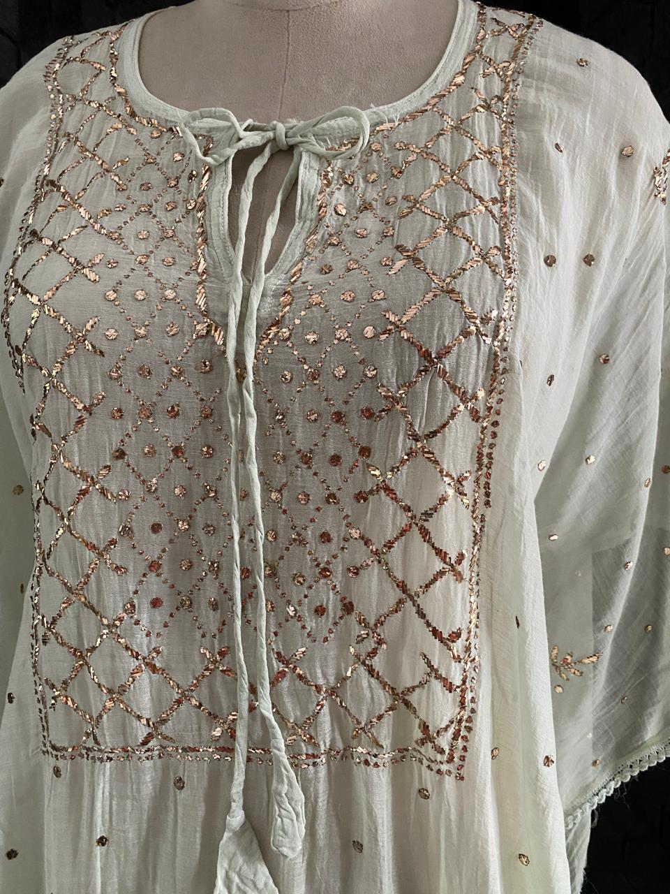 pista Green Mul Chanderi Chikankari Kaftan