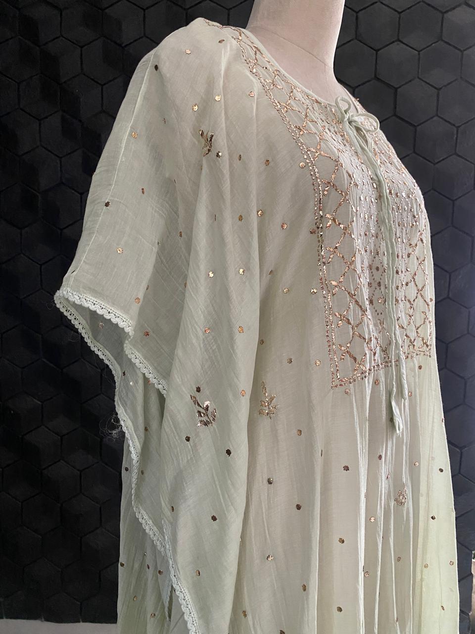 pista Green Mul Chanderi Chikankari Kaftan