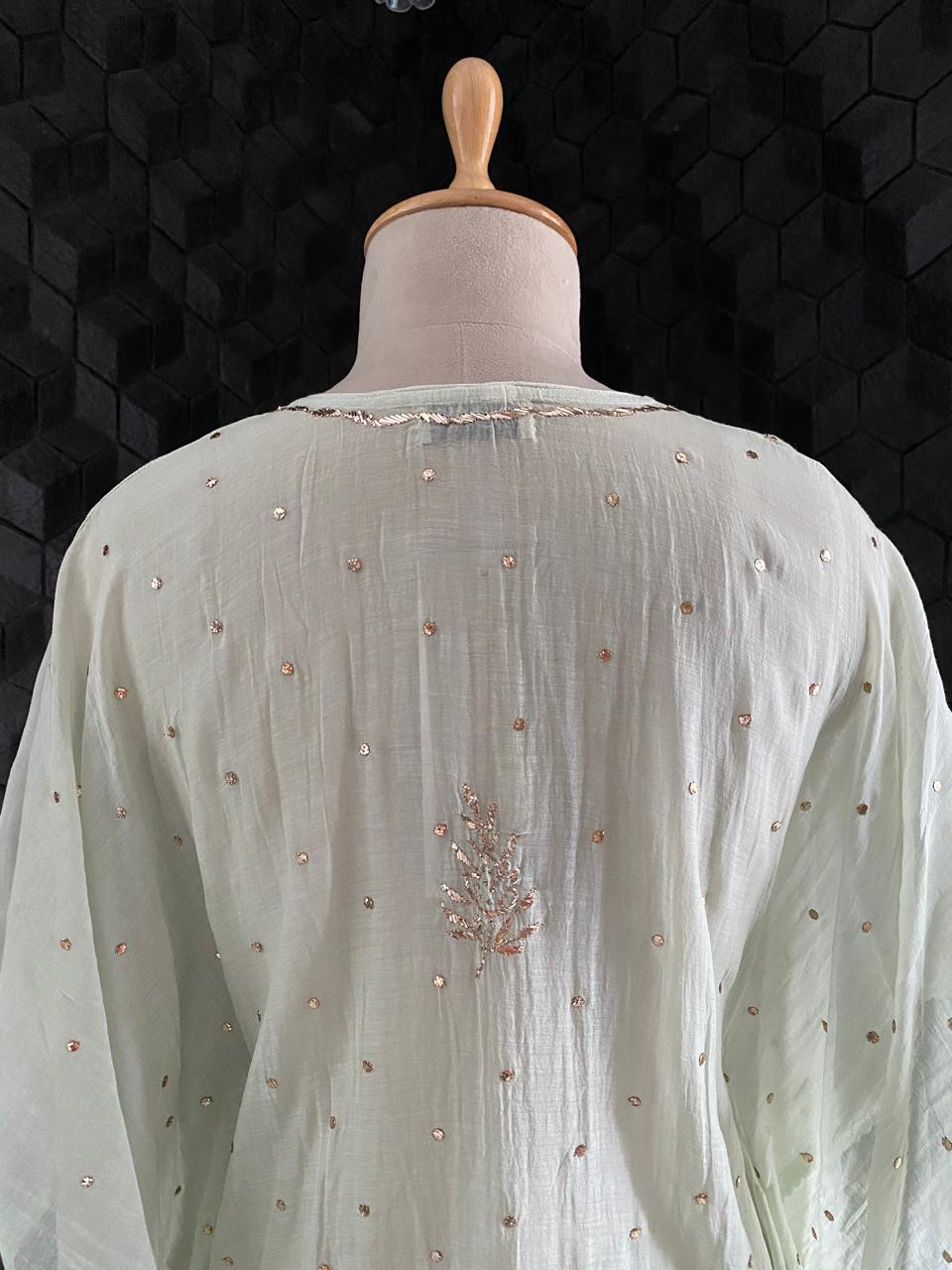 pista Green Mul Chanderi Chikankari Kaftan