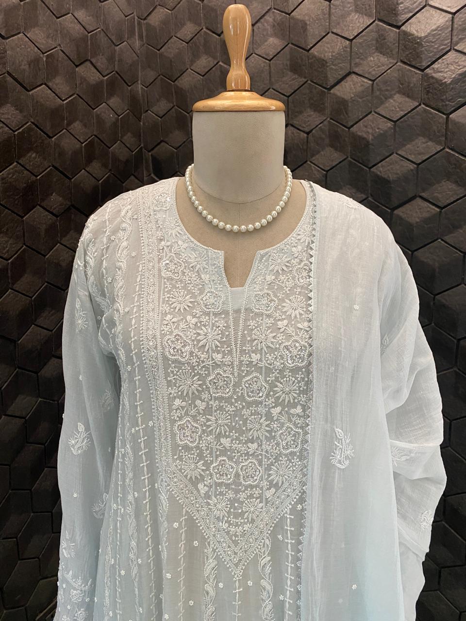 Sky Blue A Line Mul chanderi Kurta Set