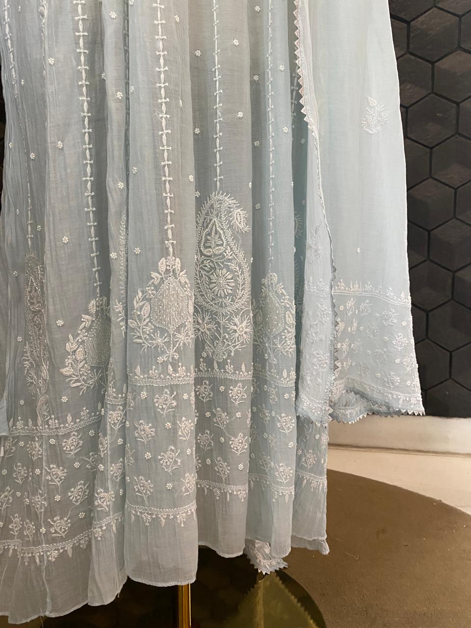 Sky Blue A Line Mul chanderi Kurta Set